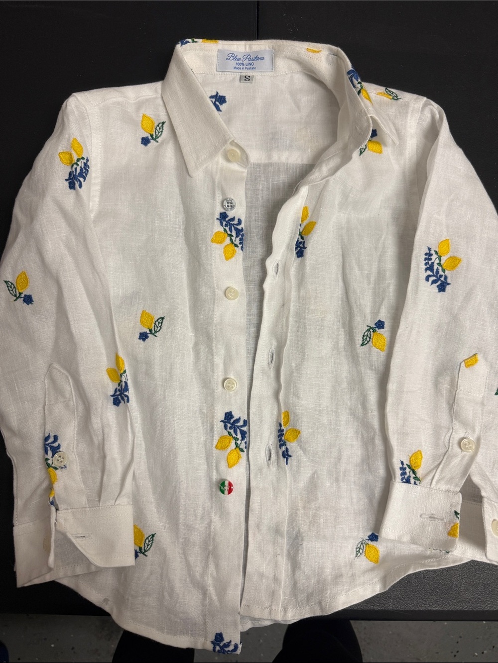 Kids White Linen Button-Down Shirt with Yellow Lemon Embroidery